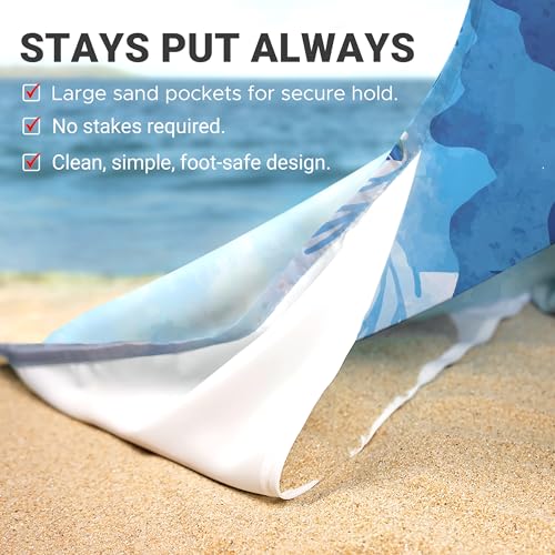 Image of Sunlit Silky Soft 81 inchx106 inch Sand Proof Beach Blanket Sand Proof Mat with Corner Pockets and Fashion Mesh Bag for Beach Party, Travel, Camping and Outdoor Music Festival, Blue Turtle and Coral
