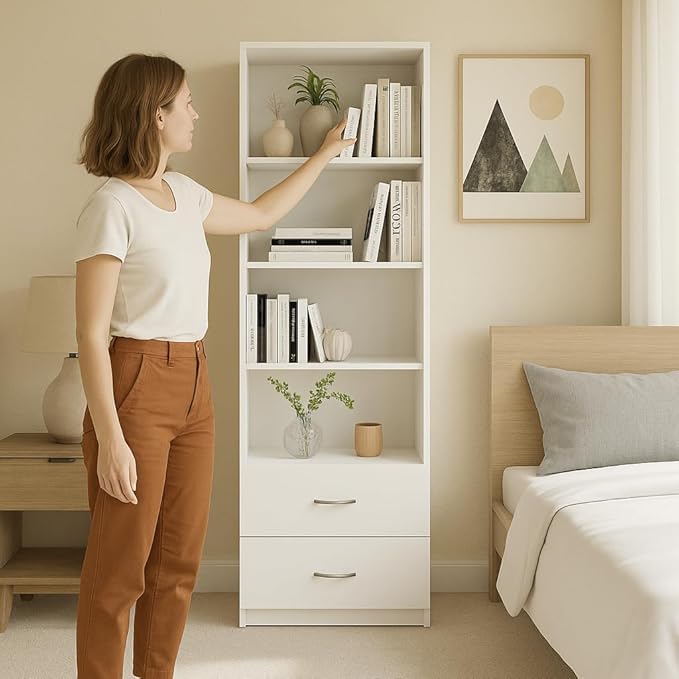 Image of Amazon Brand - Solimo Charm Engineered Wood Book Shelf with 4 Open Shelves & 2 Drawers, White Finish, Multipurpose Storage Rack for Living Room & Study | 60L x 30W x 178H CM | DIY