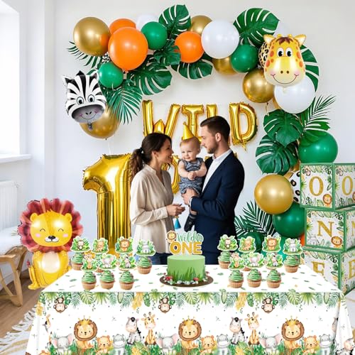 Image of QIYANPAX 4 Pack Jungle Safari Tablecloths, Wild One Table Cover, Animals Plastic Plastic Table Cloth for Sage Green Safari Baby Shower Decorations, 108x54 Inch