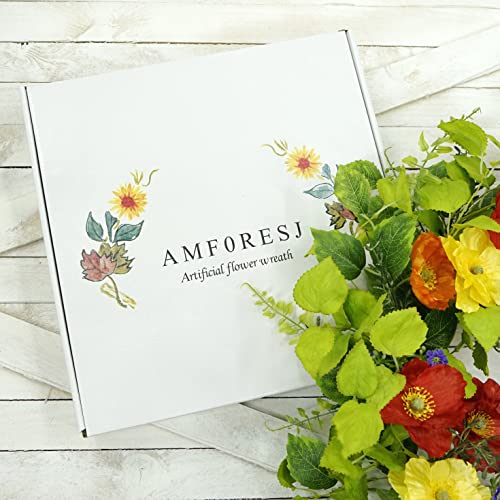 Amf0Resj 22” Artificial Spring Summer Wreath With Colorful Poppy Flower,Rose Leaves,Tea Leaves For Front Door Indoor Outdoor Farmhouse Home Wall Window Festival Wedding Decor, White Gift Box Included #TOP3