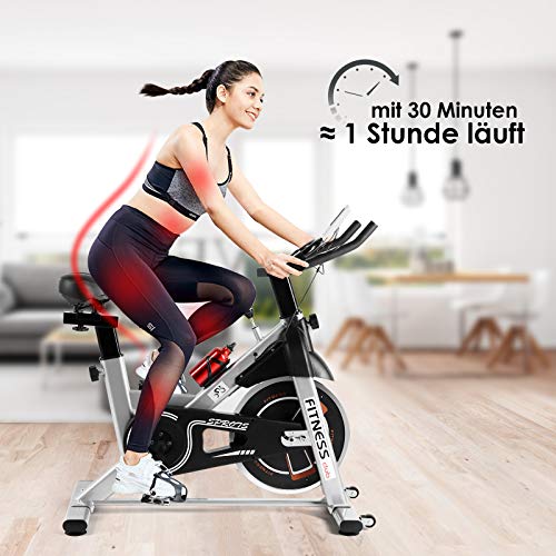 Foto von Fitnessclub Heimtrainer Fahrrad Fitnessbikes mit 12KG Schwungrad, Indoor Cycling Bike mit einstellbarem Widerstand, Fitnessbike mit Herzfrequenzsensoren, LCD und Getränkehalter (Silber)