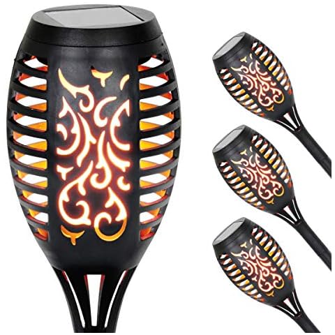 Exhart Flickering Flame Solar Torch Yard Stake - 4 Pack Small LED Tiki Torch Dancing Flame Stake to Illuminate Gardens & Events - Outdoor Waterproof Pathway Lights (3" L x 3" W x 20" H) Cover