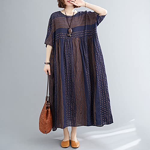Domary Vestido feminino vintage de linho de algodão com estampa listrada O pescoço, meia manga, bols