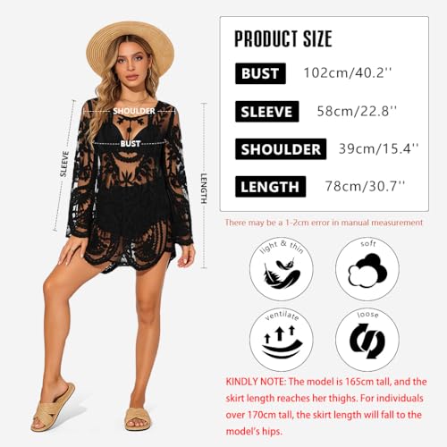 Image of SANNIDHI Women's Lace Beach Cover Up Embroidered Swimsuit Coverups Full Sleeve Boho Sheer Bathing Suit Swim Dress for Poolside, Seaside and Party