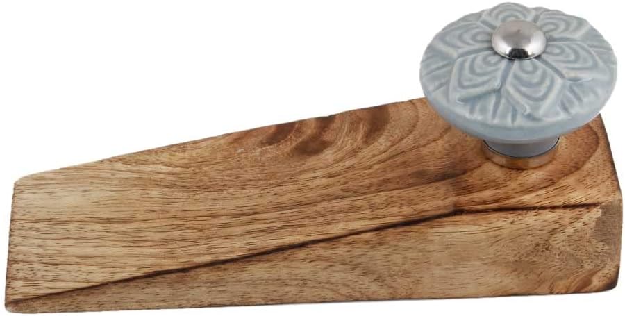 IndianShelf 1 Piece Ceramic, Wood Decorative Door Stoppers for Bottom of Door- Grey Heavy Duty Non Slip Rubber Base Door Wedges- Sturdy Floor Door Stop for Inside and Outside