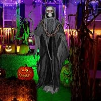 COSTWAY Halloween animierter Sensenmann, 196cm Skelett Geist stehend | Halloweendeko soundaktiviert mit Kette, leuchtenden Augen & gruseligem Sound, Lebensgroß Skelett Figur für Spukhaus, Garten – Ansicht 8