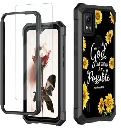 RAUEDWDJS for Cricket Icon 5 Case, AT&T Motivate 4 Phone Case with Glass Screen Protector,360 Full-Body Hard PC & Soft TPU Bumper Shockproof Protective Phone Case for Icon 5th,Sunflower Matthew 19:26