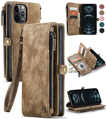 Defencase For Iphone 12 Pro Max Case, Iphone 12 Pro Max Case Wallet For Women Men, Durable Pu Leather Magnetic Flip Lanyard Strap Wristlet Zipper Card Holder Phone Cases For Iphone 12 Pro Max, Brown #TOP1