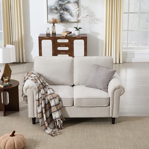 Image of Kingfun Loveseat 2 Seater Couch, Mid Century Modern Chenille Sofa with Rolled Arms and Deep Seats, Fluffy Comfort for Living Room, Apartment, Easy Assembly, Beige