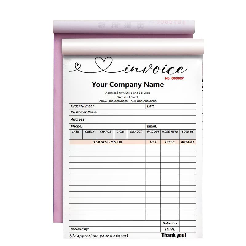 Custom Invoice Form with Your Company Name,Personalized Carbonless Form 3-Part /2-Part NCR Paper, Add Company Name, Address, Phone and Number Printed(B-2-Part,Without Logo)