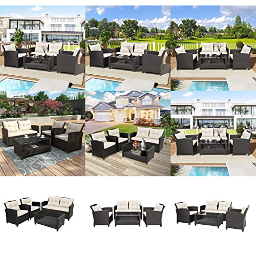 Moolo 4 Pieces Patio Furniture Rattan Patio Conversation Set For Patio Lawn Garden Outdoor Chair Sofa Cushions And Storage Glass Table Beige #TOP1