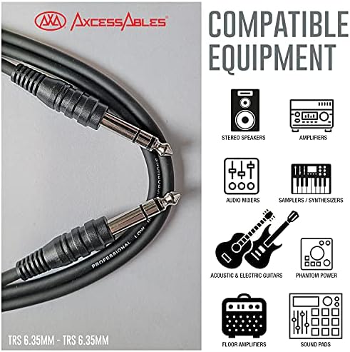 AxcessAbles 1/4 Inch TRS Instrument Cable 10ft - 6 Pack | 6.35mm Male Jack Stereo Audio Cord | 1/4 Inch TRS to TRS Balanced Patch Cables 10ft (6-Pack)