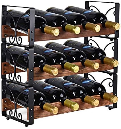 X-cosrack Rustic 3 Tier Stackable Wine Rack Freestanding 12 Bottles Organizer Holder Stand Countertop Liquor Storage Shelf Solid Wood & Iron 17" L x 7.2" W x 16.5" H-Patent Design