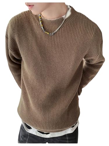 OYOANGLE Men's Round Neck Long Sleeve Knitted Sweater Drop Shoulder Ribbed Knit Pullover Solid Casual 2 in 1 Top