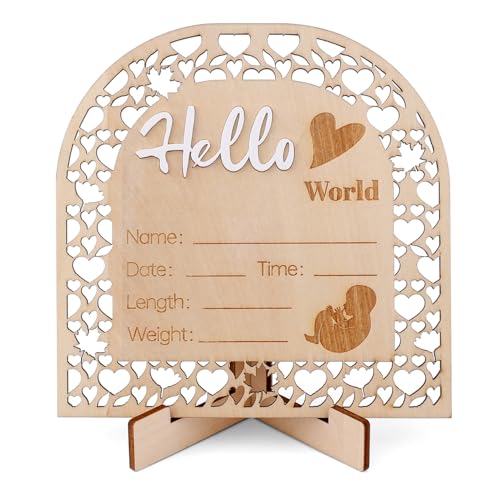 Image of Baby Announcement Sign, 5.5 Inch Wooden Birth Announcement Board Hello World Welcome Newborn Sign Arch Shape Baby Name Sign for Girl Boy Photo Prop Baby Shower Nursery Hospital