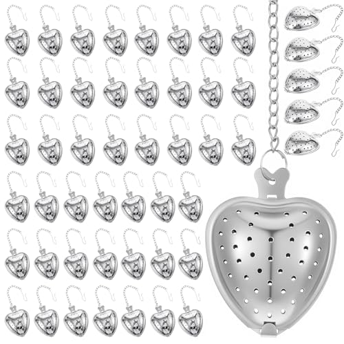 50 Pcs Stainless Steel Heart Shaped Tea Infuser, Loose Leaf Steeper with Mesh Filter and Extended Chain Hook for Cup Bottle Tea Party, Silver