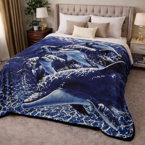 Sacred Thread Korean Fleece Blanket Queen Size Animal/Floral Print Thick Heavy Korean Blanket - 8 LB Reversible Fleece Style (95x 79) (Dolphins) (2Ply)