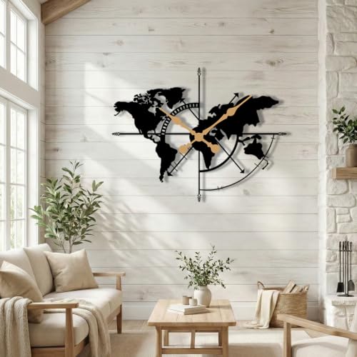 Image of Girişim Mektebi Modern Metal Wall Clock 20 Inch | Silent Non-Ticking Large Decorative Wall Clock | Handmade Steel Wall Art | Living Room, Kitchen, Office & Bedroom Decor | Black, World Map, 61CM