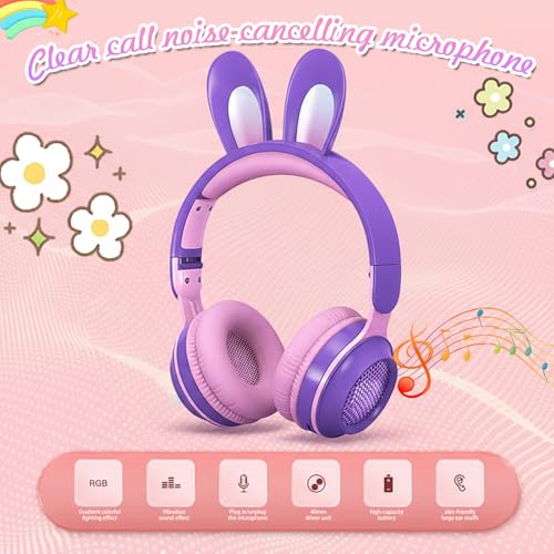 Image of Bluetooth Noise Cancelling Headphones for Kids,Foldable Cat Headphones with LED Light Up Ear,Cat Ear Headphones for Toddler with Microphone /TF Card,Kids Bluetooth Headphones (Rabbit Purple) | Delight your child with these stylish LED cat ear headphones premium noise cancellation, built-in mic, and wireless ease.
