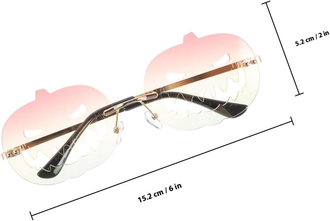 Pumpkin Rimless Sunglasses for Adults and Teens, Funky Halloween Party Glasses with Oval Hollow Frame, Colorful Red Yellow Emerald Lenses, Unisex Novelty Eyewear