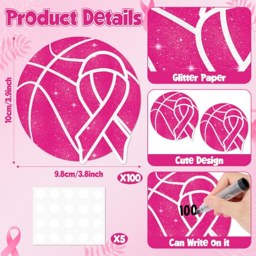 Image of Hot Pink Basketball Glitter Cutouts for Breast Cancer Awareness Supplies | 100Pcs Glitter Pink Basketball Cuts for Sports Party Birthday Favor Sports Ball Shape DIY Paper Cuts for Bulletin Board Decor