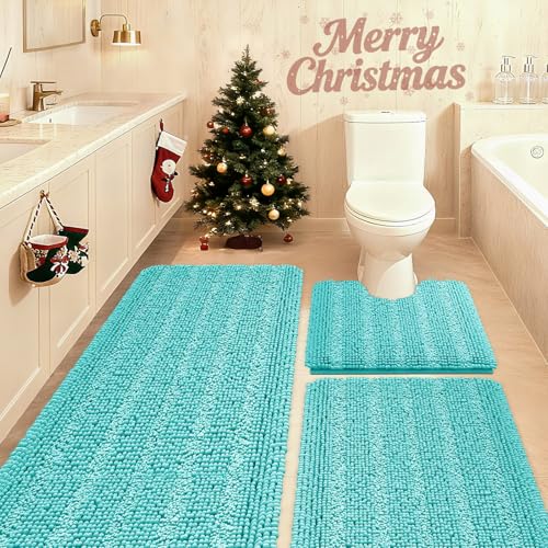 ACCUMTEK Striped Teal Green Bathroom Rug Set 3 Pieces Ultra Soft, Non Slip Chenille Toilet Mat, Absorbent Plush Shaggy Bath Mats for Bathroom, Bedroom, Kitchen, Turquoise