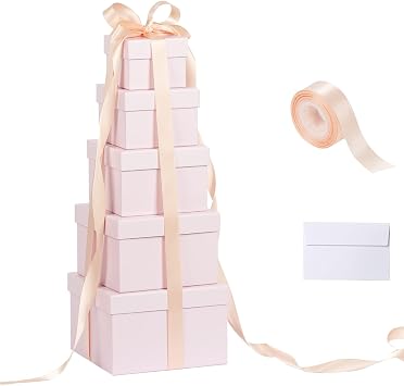 5 Pack Large Square Nesting Gift Boxes with Lids for Presents, 4"-8" Pink Stacking Gift Box with Ribbon Card for Wedding Birthday Party Valentine Christmas
