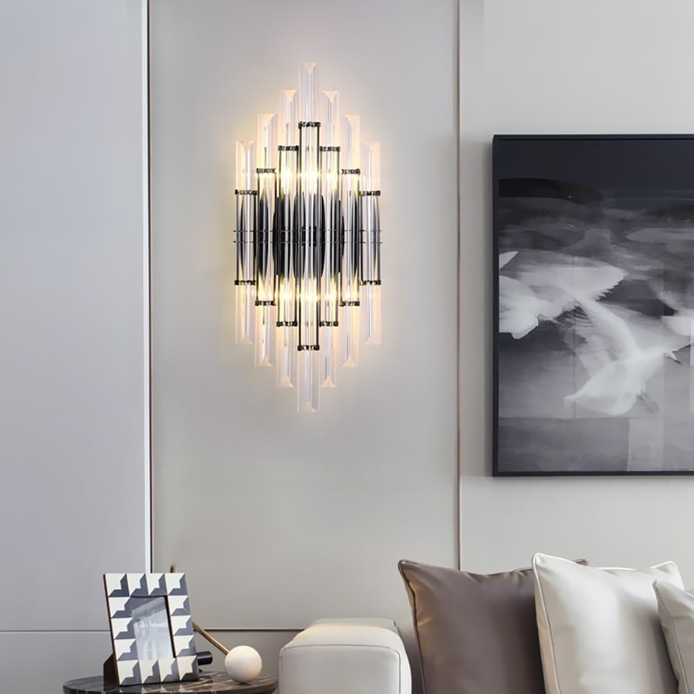 20 inch Crystal Wall Light Fixture, Modern Luxury Wall Flush Mount Wall Lamp Sconce for Living Room Bedroom Dining Room Indoor Lighting, Black Bathroom Vanity Mirror Light Included Bulb