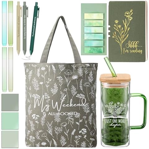 Romooa Book Lovers Gifts Aesthetic Essentials 13.5oz Glass Cup with Handle Canvas Bag A6 Journal Teacher Notebook Ballpoint Pens Sticky Notes Highlighters for Librarian Student Teacher Study, Green Cover