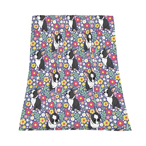 Bulldog Blanket For Baby Kids Adults,Cartoon Cute French Bulldog With Colorful Florals Flowers Throw Blanket,Ultra Soft Cozy Novelty Gift Blanket For Dogs Lover For Couch Chair Office,60"X50" #TOP2