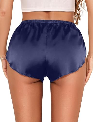 Marvmys Women Shorts Sexy Satin Shorts Side Slit Bootie Elastic Waist Soft Lightweight Sleepwear Lounge Bottoms Dark Blue L — view 2