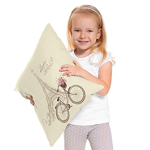 Moslion Tower Eiffel Pillow,Home Decorative Throw Pillow Cover Bonjour Paris Text With Tower Eiffel And Bicycle Cotton Linen Cushion For Couch/Sofa/Bedroom/Livingroom/Kitchen/Car 18 X 18 Inch #TOP4