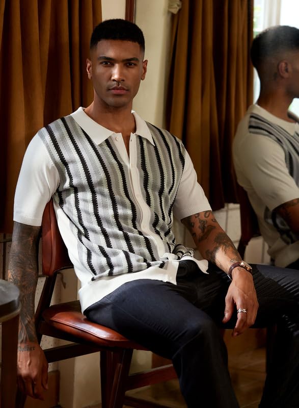 Mens Casual 70s Vintage Knit Sweater Polo Shirt Knitted Button Down Shirt L2