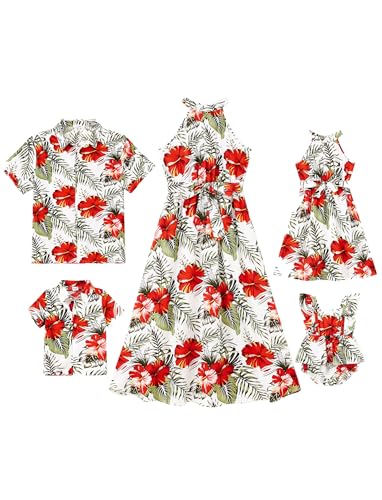 Image of PATPAT Family Vacation Outfits Matching Sets with Baby Mommy and Me Sundresses Tropical Floral Leaf Print Halter Neck Hawaiian Caribbean Dress Beach Red Flower Romper Dress for Baby Girl 6-9 Months