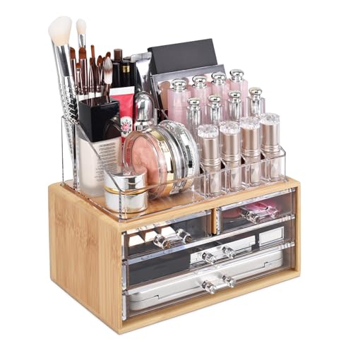 Ikee Design Bamboo Acrylic Makeup Organizer with 4 Drawers and Removable Top Lipstick Holders, Ideal for Make-up or Accessories,Enhance Your Vanity or Bathroom with Clear Design for Quick Visibility