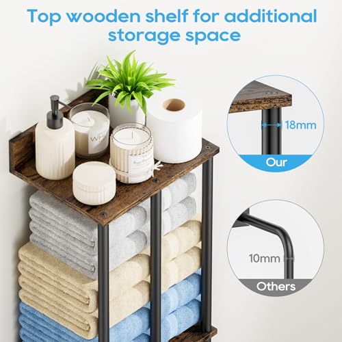 WeGXY Towel Racks for Bathroom Wall Mounted with Wooden Storage Shelf, Updated 3 Bar Metal Towel Holder for Rolled Towels, Sturdy and Large Capacity, Towel Storage Organizer - Thumbnail 7
