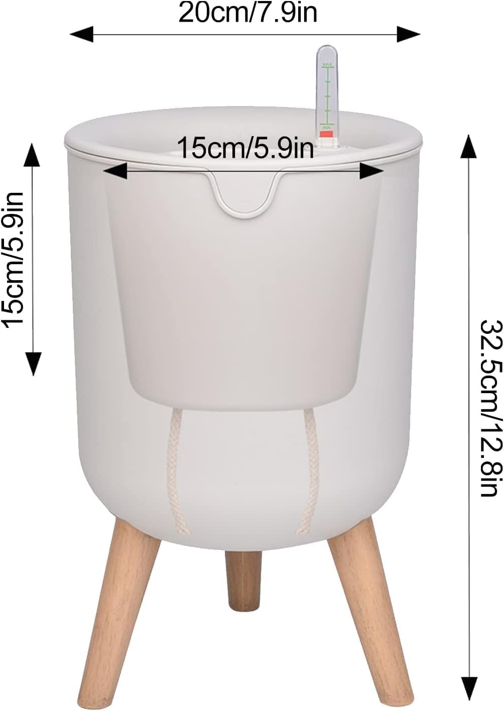 Modern self-Watering Planter with Stand Legs, White Planter Pot with Wood-Mimic Stand, Easy Lazy Care Planter, Size 13 x 8