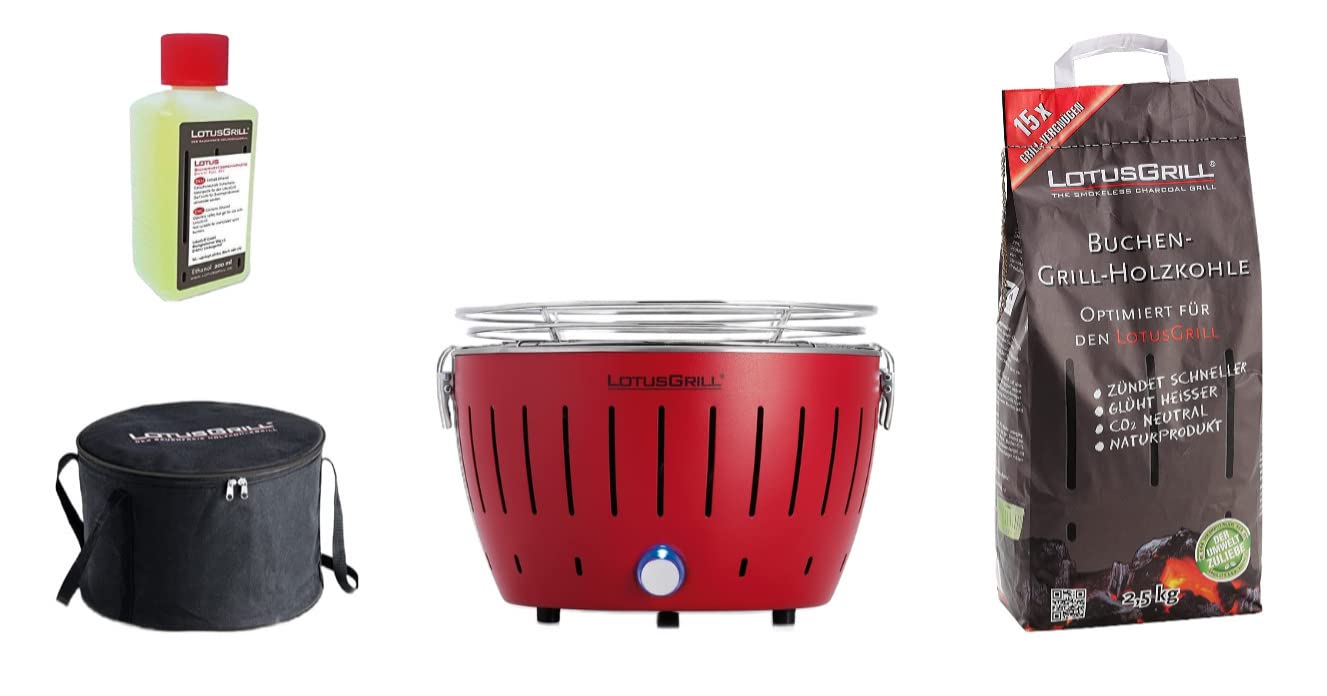 LotusGrill S Rosso Starter-Set, 1 griglia, 1 carbone di faggio da 2,5 kg, 1 pasta combustibile da 200 ml, 1 borsa per il trasporto (Red)