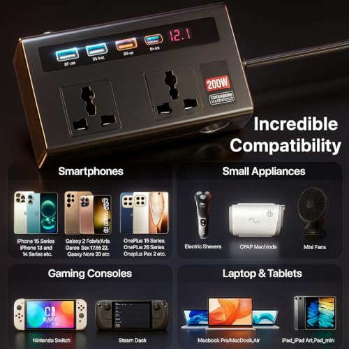 Image of Fire Turtle 7in1 200 Watt Car Laptop Charger Fast Charging /Power Car Inverter Portable,12V DC to 220V AC Socket Converter2 USB (3A & 2.4A) + 2 Type-C (30WPD & 2.4A) for Laptop, Mobile & Others (7in1)