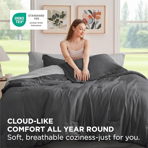 Image of Bedsure Queen Comforter Set - 7 Pieces Dark Grey Queen Bedding Set for All Seasons, Boho Contrasting Design Bed in a Bag with Comforter, Sheets, Pillowcases & Shams