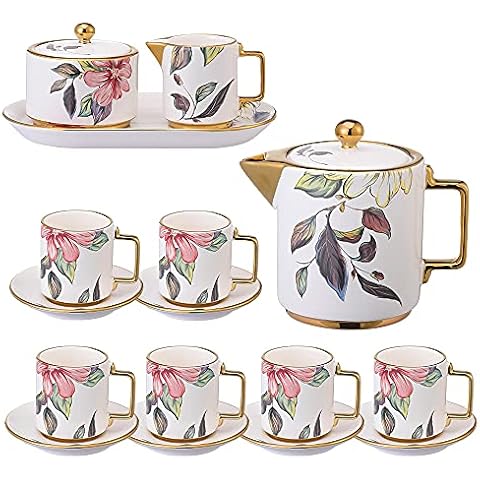 AHX Tee Set Teeservice Porzellan 16 Stück - Tee Services Keramik Teekanne Tasse mit Untertasse - Zuckerdose Milchkännchen mit Tablett Cover