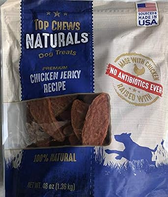 Title - Top Chews 100% Natural Dog Treats Chicken Jerky Recipe 48 OZ (3 LB), Model Number: chicken food