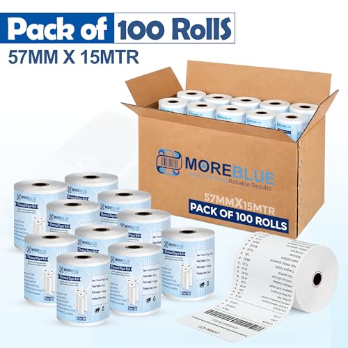 Image of MOREBLUE Credit Card, Food Bills Direct Thermal Receipt Paper Roll, Pack of 100 57mm(2 inch) x 15 Meter, Ink Free Print for POS, Credit Card Machines, & Petrol Pumps
