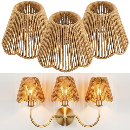 VIHOSE 3 Pack Small Rattan Lampshade 3 x 5 x 6 Inch Boho Vertical Striped Rattan Lampshade Replacement with Petal Edges for Table Chandelier Wall Lamp Living Room Bedroom Farmhouse (Wood Color)