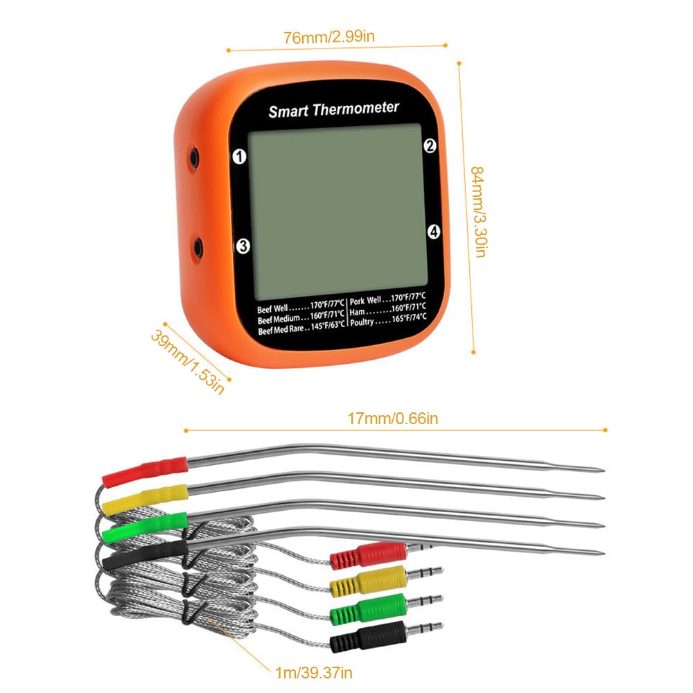 Luocute Termómetro Inteligente para Carne, Inalámbrico Digital con 2 o 4 Sondas, Control de Aplicación para Cocinar, Pantalla LCD Grande, Alarma de Temperatura, para Barbacoa, Parrilla, (4 sondas)
