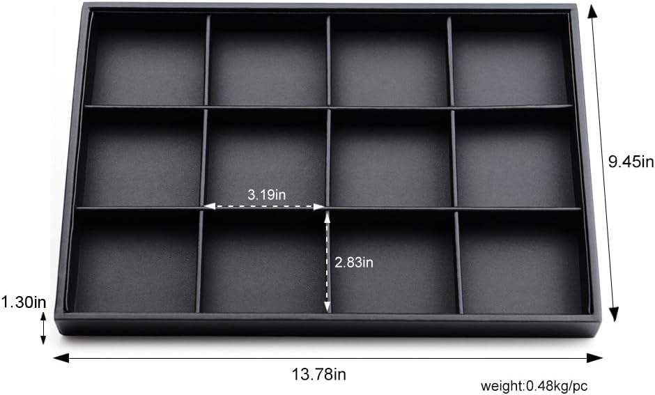 12 Grids Black Leather Jewelry Trays Stackable Jewelry Organizer Trays For Drawer Bracelet Earring Display Watches Brooches Display (Black)