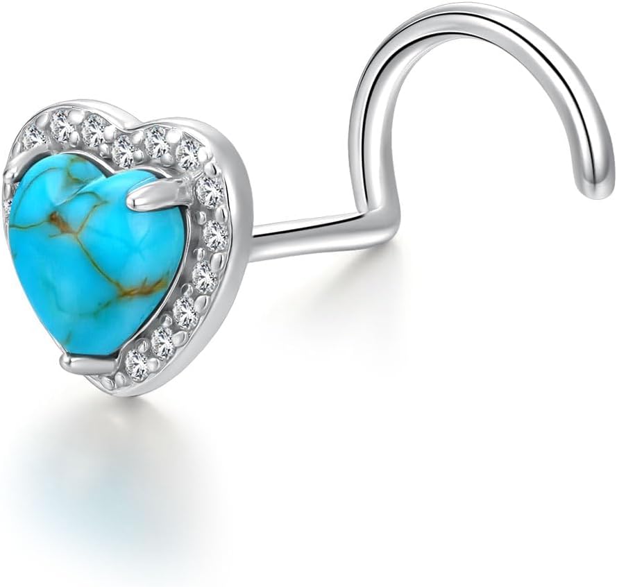 Natural Turquoise Heart Nose Ring Stud for Women 925 Sterling Silver Genuine Turquoise Nose Studs 20g Nose Piercing Jewelry for Daily Wear & Gift