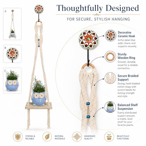 Image of Kaameri Bazaar Macrame Boho Braid Mini Shelve with Owl Shaped Planter (Blue) and Ceramic Hook - Macrame wall Hanging l owl Planter Pot