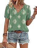 Rapbin Womens Tops Summer Short Sleeve Casual Boho V-Neck Clothes Trendy Fashion Ladies Blouses Flowy Dressy Tunic Light Green L