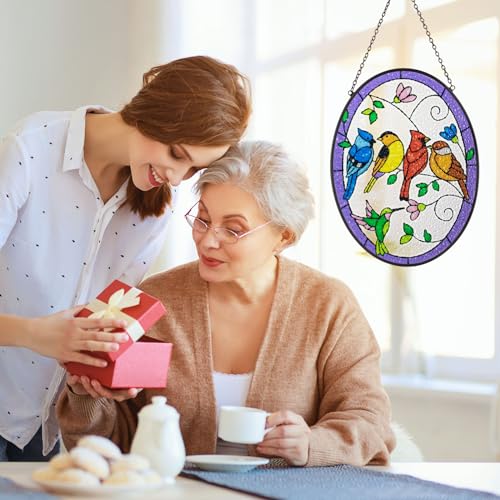 Stained Glass Window Hangings, Birds On A Branch Suncatcher for Window, Elliptical Stained Glass Panels Sun Catchers Wall Hanging Decor for Home Window Wall Decoration — view 4